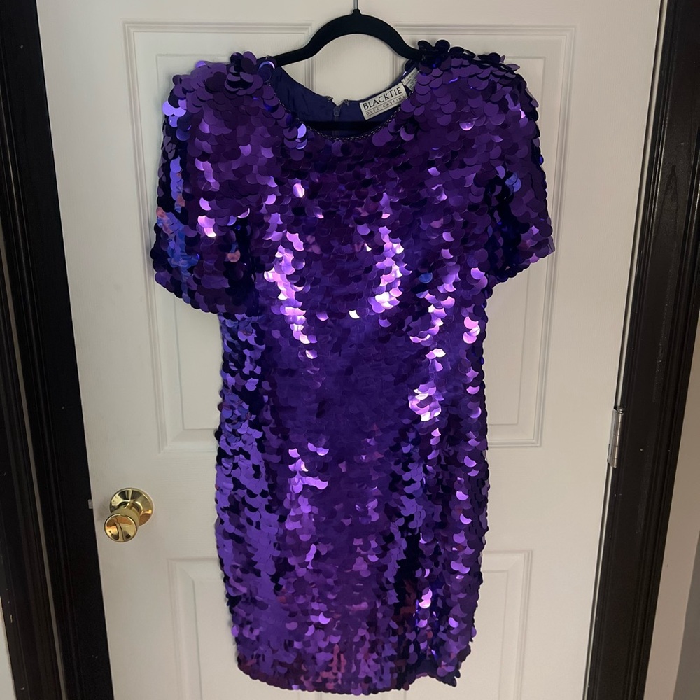 Vintage purple sequin ‘Black Tie’ by Oleg Cassini dress.